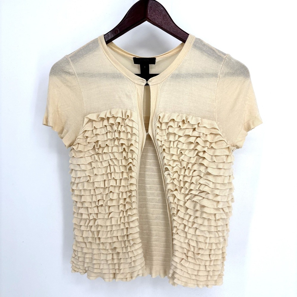 J Crew Ruffle Short Sleeve Cardigan Top Elegant Cream Womens Small Y2K Old Money